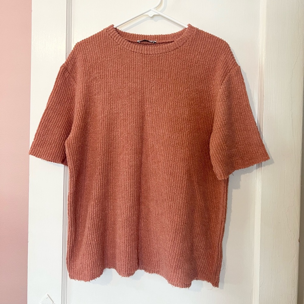 Zara pink Ribbed Short Sleeve boxy Sweater top